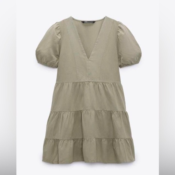 Zara Green Tiered Ruffled linen dress - Picture 3 of 8